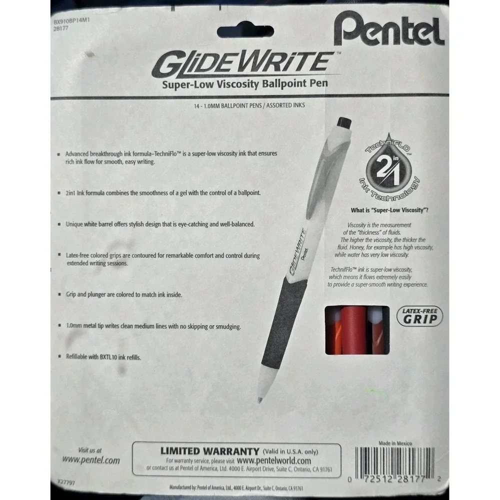 Pentel GlideWrite Ballpoint Pen 1.0mm 14/Pkg-Assorted Colors Super-Low Viscosity